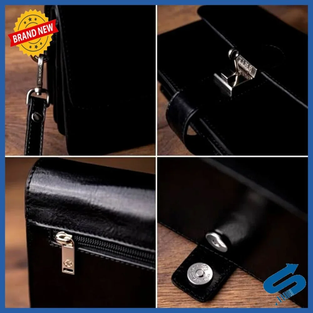 Italian Leather Briefcase Clutch with Wrist Strap, Multi-Pocket Organizer